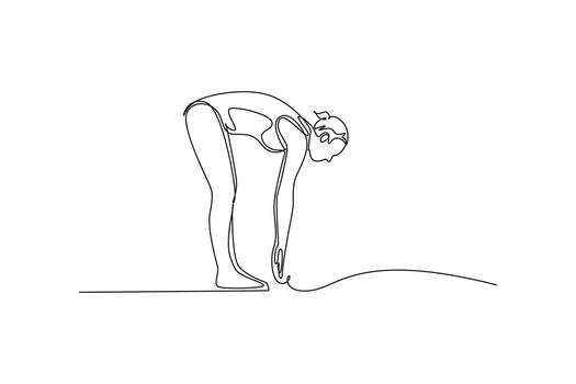 Continuous one line drawing woman swimming athlete is bent over in the starting crouch on starting block, intense focus and readiness before race. Single line draw design graphic illustration vector