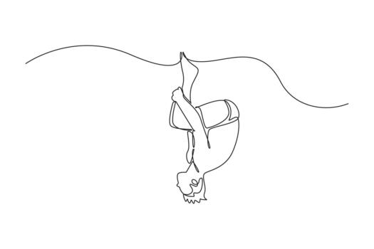 Single one line drawing man diving athlete executing flawless tuck position in somersault just as he enters the water, precision, fluid motion. Continuous line draw design graphic illustration vector