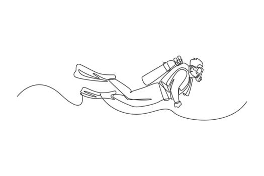 Continuous one line drawing scuba diver is floating underwater with tank and fins, gliding effortlessly in horizontal position, fluid exploration. Single line draw design graphic illustration vector