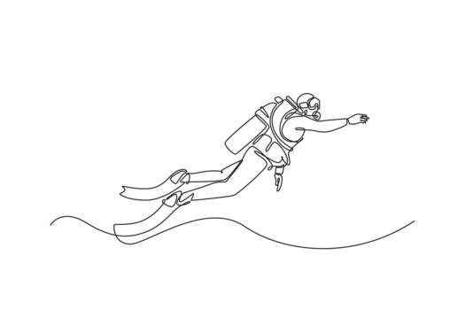 Continuous one line drawing scuba diver is floating underwater with a tank and fins, gliding effortlessly and pointing forward, fluid exploration. Single line draw design graphic illustration vector