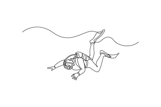 Continuous one line drawing scuba diver is floating underwater with a tank and fins, pointing the way for exploration, fluid motion and adventure. Single line draw design graphic illustration vector