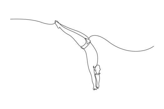 Single continuous line drawing man diving athlete is entering water headfirst in streamlined, vertical dive, illustrating precision and fluid motion. One line draw graphic design illustration vector
