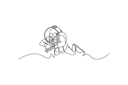 Continuous one line drawing scuba diver is floating underwater with tank and fins, gliding effortlessly position, fluid exploration and adventure. Single line draw design graphic illustration vector