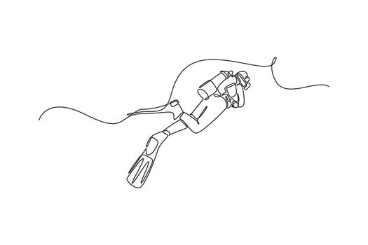 Single continuous line drawing bravery scuba diver floating underwater with tank and large fins, gliding effortlessly, fluid exploration and adventure. One line draw graphic design illustration vector
