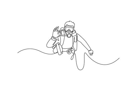 continuo uno línea dibujo atractivo escafandra autónoma buzo es flotante submarino con tanque y mascarilla, dando el Okay firmar a indicar la seguridad y exploración. soltero línea dibujar diseño gráfico ilustración vector