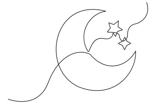 Continuous one line moon and star illustration with minimal outline and celestial design vector