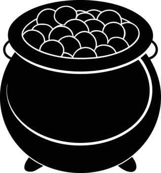 Black silhouette of a round cauldron filled with round objects on a white background vector