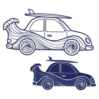 Fun and Quirky Car with Surfboard and Ocean Wave Illustration Creative Design Element for Summer Vibes vector