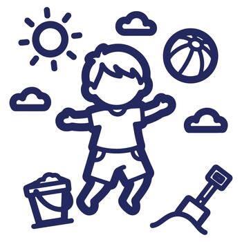 Joyful day at the beach with boy playing sun shining clouds floating and having fun with sand toys vector
