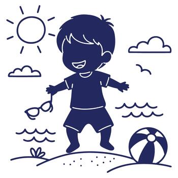 Happy Cartoon Boy Enjoying a Day at the Beach with Summer Vibes and Sunny Weather vector