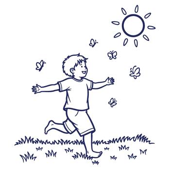 Happy Boy Running Freely with Butterflies on a Sunny Day in a Field of Grass Sketch Style vector