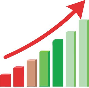 Visual representation of growth with green and red bar chart and arrow vector