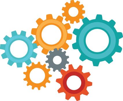 Colorful interlocking gears representing mechanisms and processes in a flat design vector