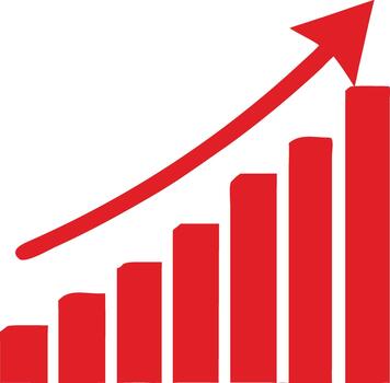 Red upward trending bar graph showing progress and positive growth vector