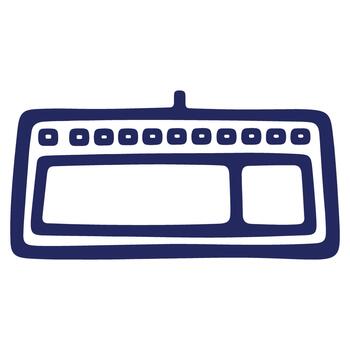 Cartoon stylized synthesizer drawing of a musical keyboard with blank display screen and control buttons in dark blue over white background vector
