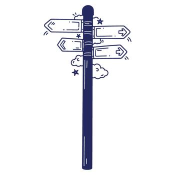 Hand drawn direction sign design pointing in different directions with stars and clouds around on a white background vector