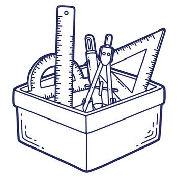 Geometric instruments and tools in a box illustration for architectural designs and engineering plans in simple line drawing style vector