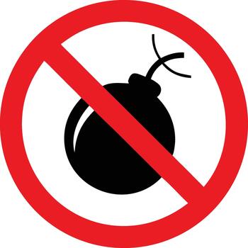 Prohibition sign depicting a bomb with a red circle and slash vector