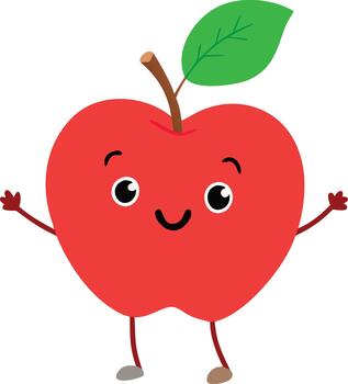 un alegre rojo manzana personaje con un sonriente cara y minúsculo brazos vector
