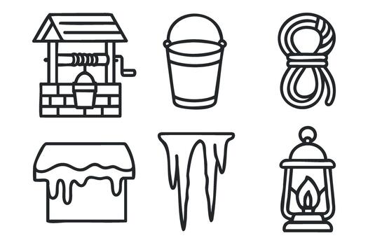 Elements of rustic charm with a well, bucket, and lantern design vector