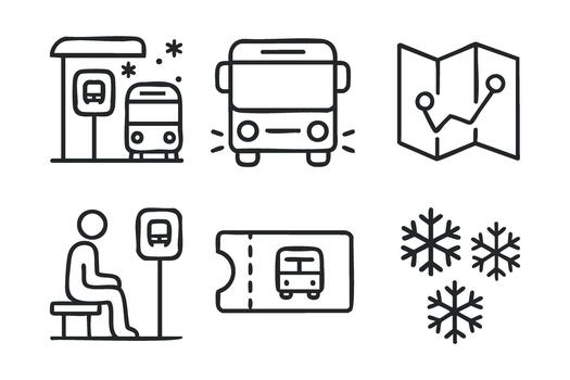 Winter transit system with bus stop, transport ticket, and map vector