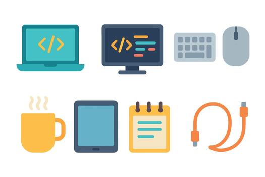 moderno espacio de trabajo preparar con computadora portátil, monitor, y oficina esenciales vector