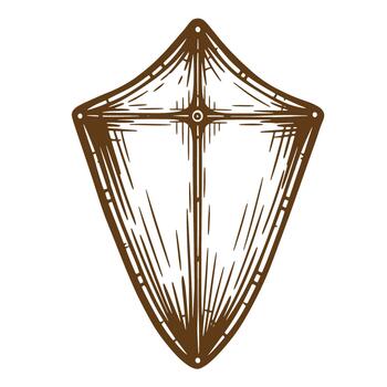 Hand drawn brown shield sketch with cross symbol representing protection and security vector
