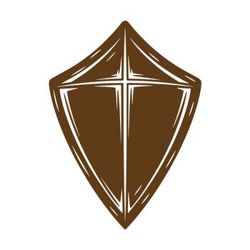 Simple brown shield illustration with cross graphic and textured sketch style on white background vector