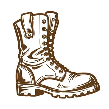 Vintage illustration of a brown combat boot drawn in a simple sketch style vector