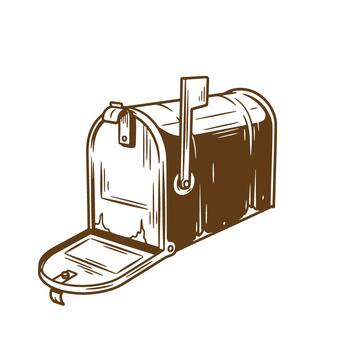 Hand drawn illustration of an open mailbox with the flag up in a vintage style vector