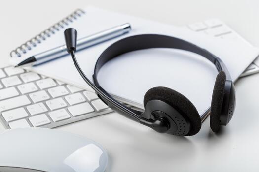 Headset placed on a desk next to a keyboard and notebook in a bright work environment photo