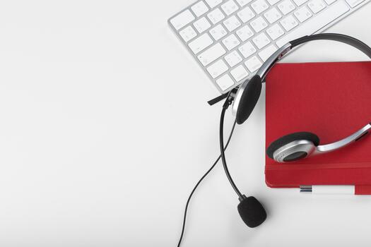 Headset and keyboard on a clean workspace with a notebook ready for use photo