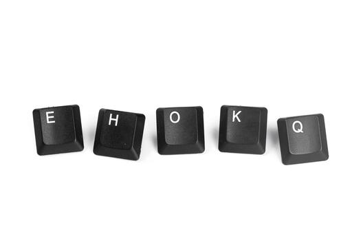 Black keyboard keys displaying letters E, H, O, K, and Q on a white background photo