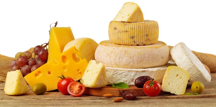 Cheese display with assorted fruits and nuts on wooden table setting photo