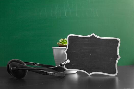 Headset and blank chalkboard on table with green background in a simple study setting photo