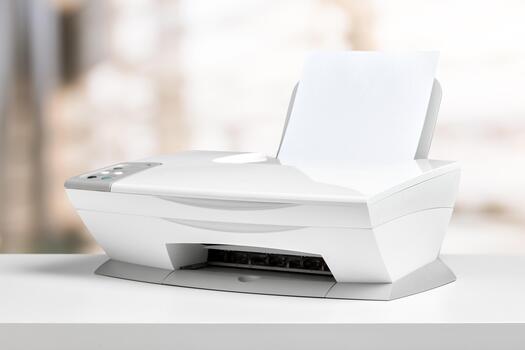 Printer on a desk ready for use in a bright workspace with a clean background photo