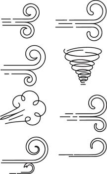 Wind Icons Showing Strong Breezes Cold Gusts with a Swirling Tornado Weather Patterns Outlines vector