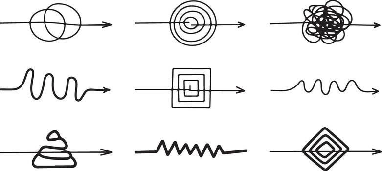 garabatear flecha líneas de confuso rutas concepto de problema resolviendo, difícil elección vector