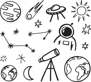 Space Exploration Doodles Collection of Astronomy Elements and Cosmic Objects vector