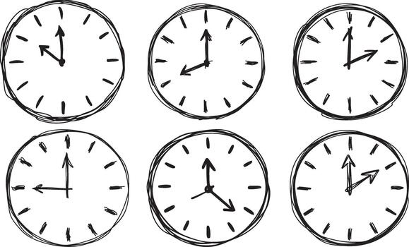 Clocks Sketch Collection Showing Different Times Hand Drawn Circle Doodle Style vector