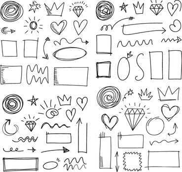 dibujado a mano garabatos elementos sin costura modelo con flechas, coronas, corazones y geométrico formas vector