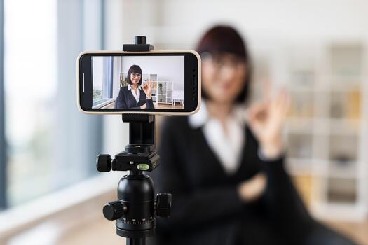 Caucasian woman wearing formal attire recording blog using smartphone on tripod in modern office setting. Concept themes include business networking, educational content creation. photo