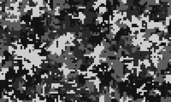Abstract grayscale pixelated camouflage pattern. Perfect for backgrounds, textiles, or militarythemed designs. Suggests concealment, strategy, and digital technology. vector