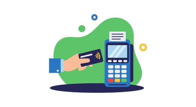 Secure and seamless contactless payment transaction using a credit card and POS terminal, showcasing modern digital banking and electronic finance convenience with innovative technology vector