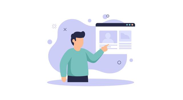 Person pointing at a website profile, representing online interaction and digital engagement concept vector