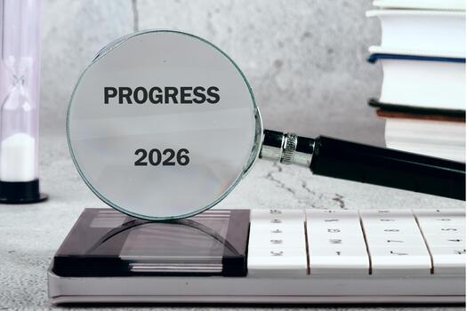 A magnifying glass focuses on the word progress with the year 2026 in a thoughtful workspace. Books and a timer suggest an environment of learning and planning for the future photo