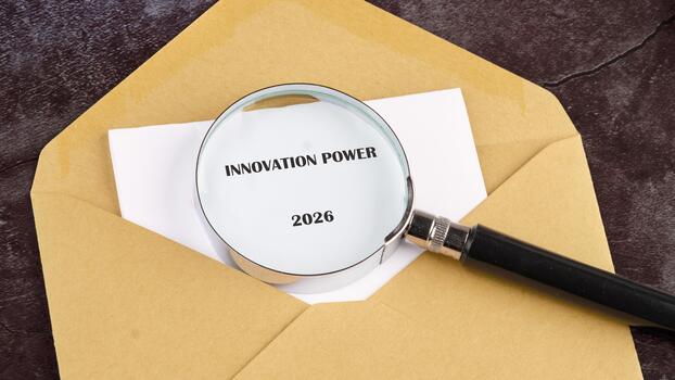 A magnifying glass rests on an envelope containing a powerful message about innovation for the year 2026, symbolizing exploration and creative advancement photo