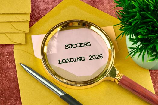 A magnifying glass highlights the phrase Success Loading 2026 resting on a colorful background. The scene includes envelopes and a small plant, symbolizing growth and ambition photo