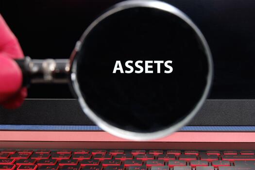 A hand holding a magnifying glass emphasizes the word assets on a laptop screen, symbolizing the importance of identifying valuable resources in the digital age photo