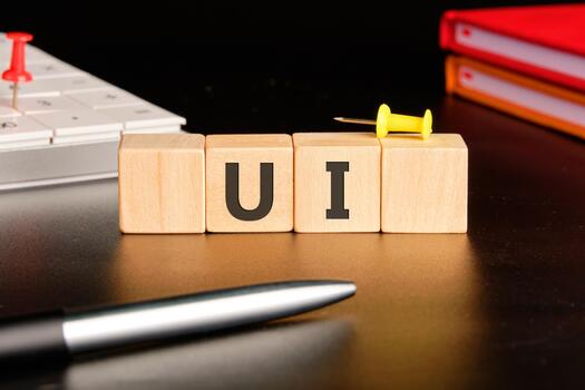 Business concept. Copy space. Abbreviation UI It is made of wooden cubes on a black background in a composition with a calculator, pen and notebooks photo